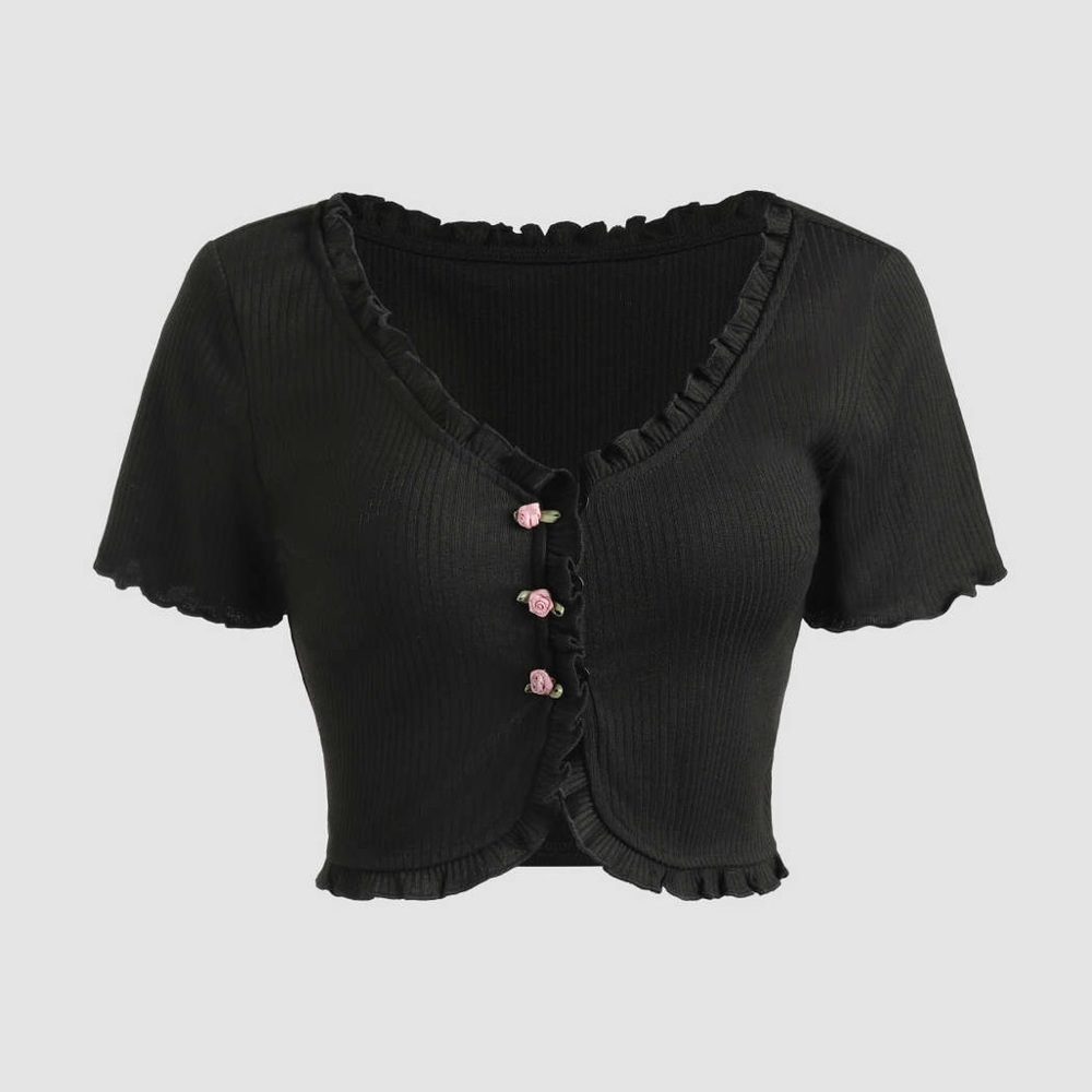 Cider Rose Detailed Ribbed Crop Ruffle Cardigan